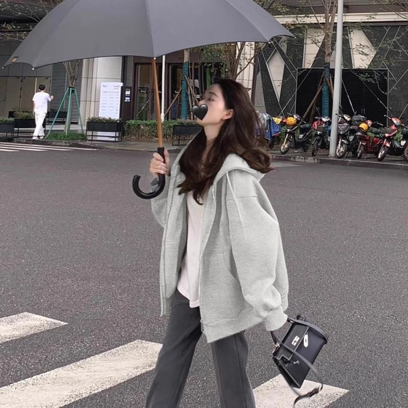 韩版oversize连帽开衫卫衣宽松外套女秋冬季加绒加厚上衣女慵懒风|undefined