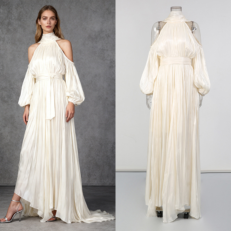 Elegant Socialite Style Women's Dress off Shoulder Halter Neck Long Sleeve Slim Fit Evening Gown for Spring 2026_ecoleips.com