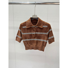 南油高端货精品时髦女装刺绣字母条纹短装polo衫修身气质名媛风