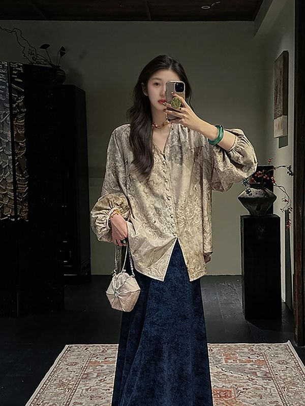 秋季新中式国风灯笼袖刺绣晕染印花衬衫女气质高定小众上衣 N9035|undefined