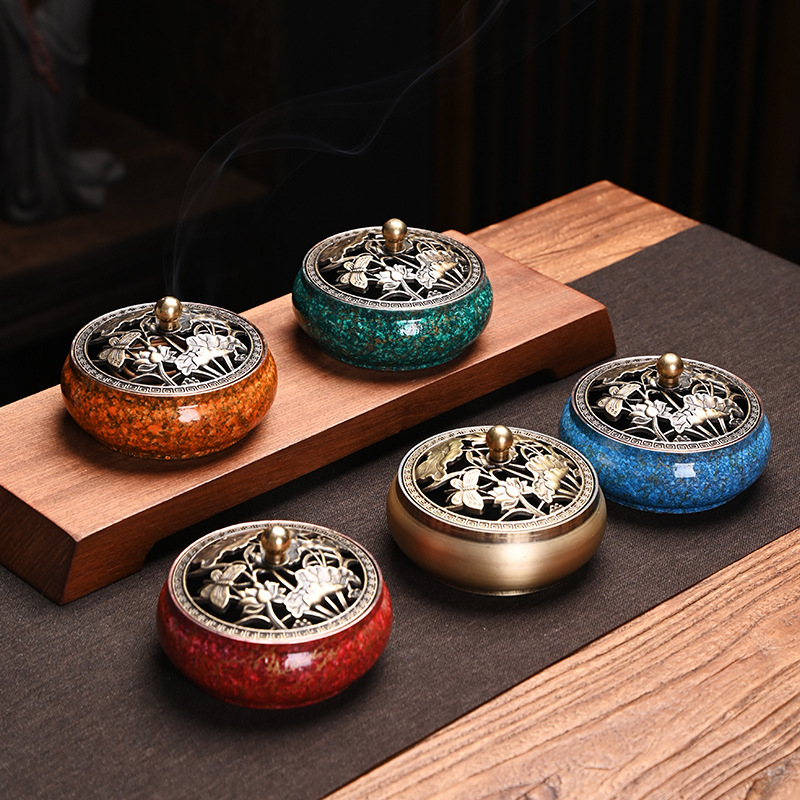 大漆合金香炉平底香炉家用室内书房茶室香薰炉沉香盘香摆件松塔香