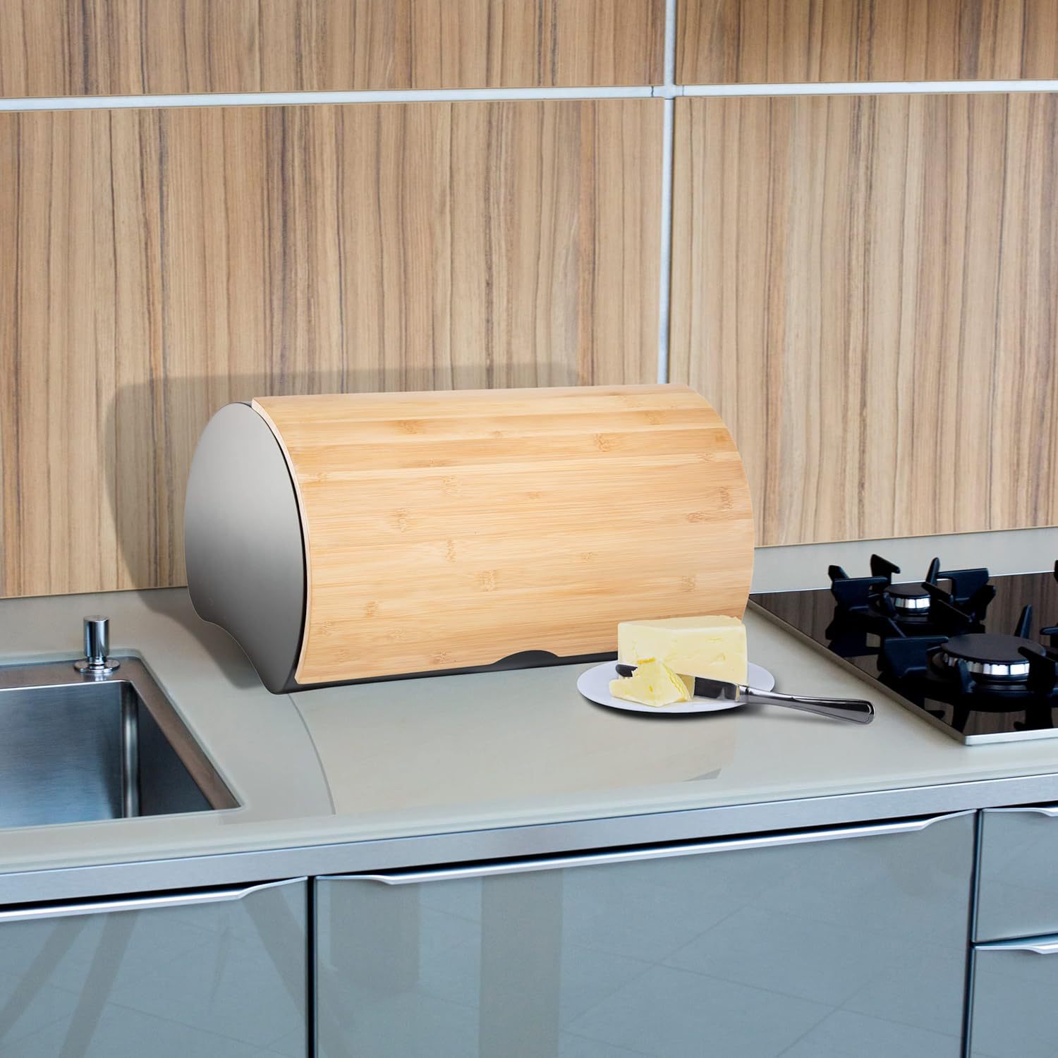 Venta caliente caja de pan de bambú caja de almacenamiento de bocadillos minimalista moderna olla de almacenamiento de cocina caja de pan redonda