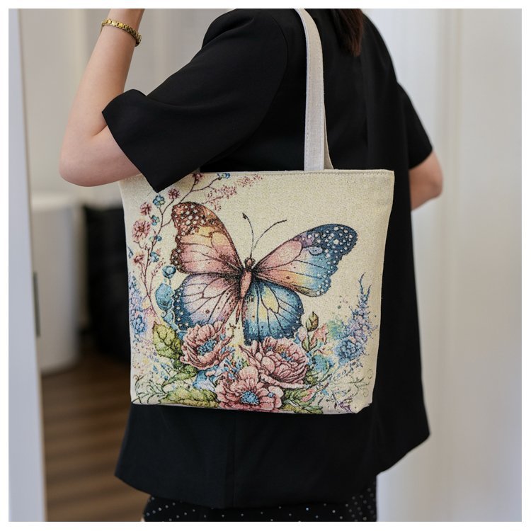Double sided gold wire jacquard embroidered canvas student tutoring shoulder large capacity mommy bag, artistic style_voghion.com