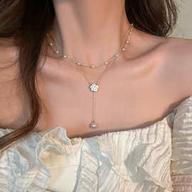 双层珍珠山茶花项链女夏轻奢小众设计高级感脖颈链流苏锁骨链配饰