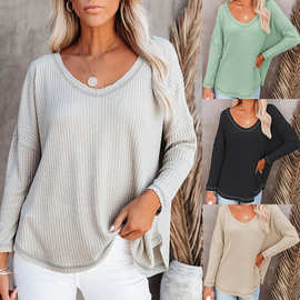 2021年欧美秋季新款亚马逊女装华夫格休闲时尚长袖宽松上衣蝙蝠衫