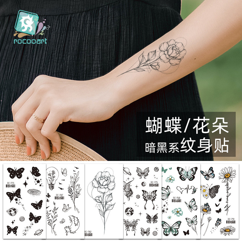 New Butterfly Small Fresh Tattoo Sticker Waterproof Retro Black and White Distinctive Tattoo Sticker Temporary Tattoo Hand Sticker