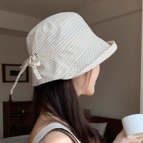 Japanese Retro Gingham Fisherman Hat for Women - Summer Thin Model Breathable Sun Hat for Face Slimming and Versatile Sun Hat