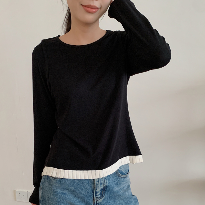 花边少女云柔T恤女新款上衣宽松法式圆领针织衫显瘦撞色打底衫