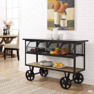 American Style Iron Solid Wood Vintage Dining Car Wheeled Trolley Dinner Plate Collection Car Hotel KTV Wine Car Sideboard