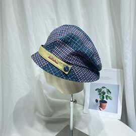 日系复古格纹拼色渔夫帽子女春夏显脸小时尚褶皱盆帽防晒遮阳帽潮