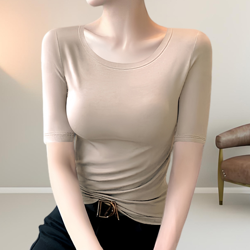 ブラックモーダルミッドスリーブTシャツレディース半袖春夏薄手ローネックスリムフィット五分袖ボトムインナートップ|undefined