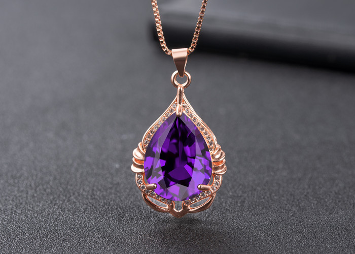 dropshaped amethyst pendant fashion diamond zircon purple diamond pendant necklacepicture1