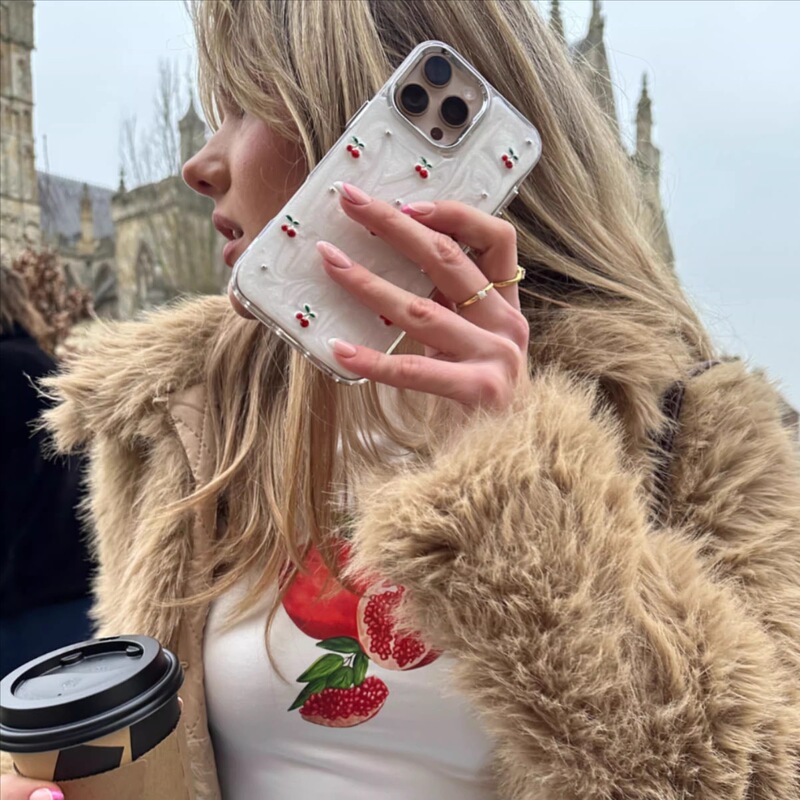 Pearlescent White Mobile Phone Case Suitable for Apple 17Promax Mobile Phone Case Iphone16 Rhinestone Cherry 15 Anti-Fall X Pearlescent White Mobile Phone Case Suitable for Apple 17Promax Mobile Phone Case Iphone16 Rhinestone Cherry 15 Anti-Fall X