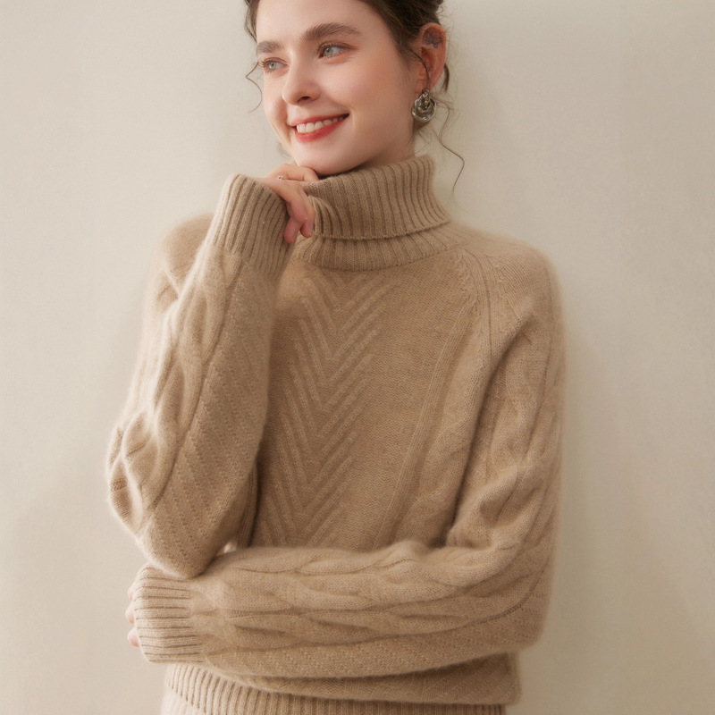 British Designer Style ~ Solid Color Cashmere Sweater for Women, High-Neck Thick Cable Knit Wool Sweater for Layering
