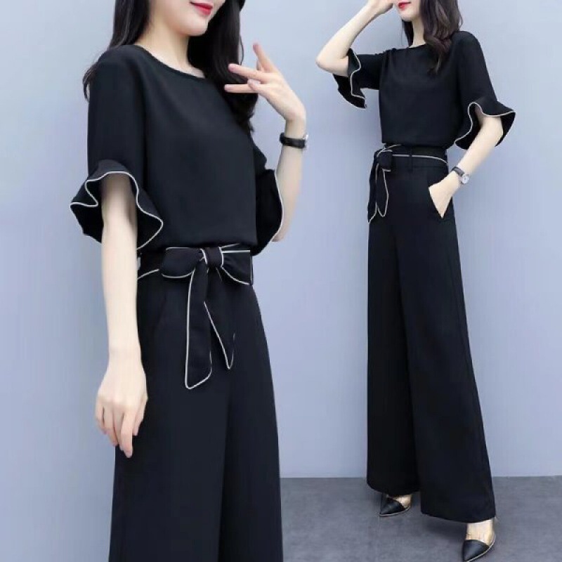 2026 New Style Wide-Leg Pants Set for Women, Summer Elegant High-Waisted Bowknot Fashionable Casual Two-Piece Set for Women