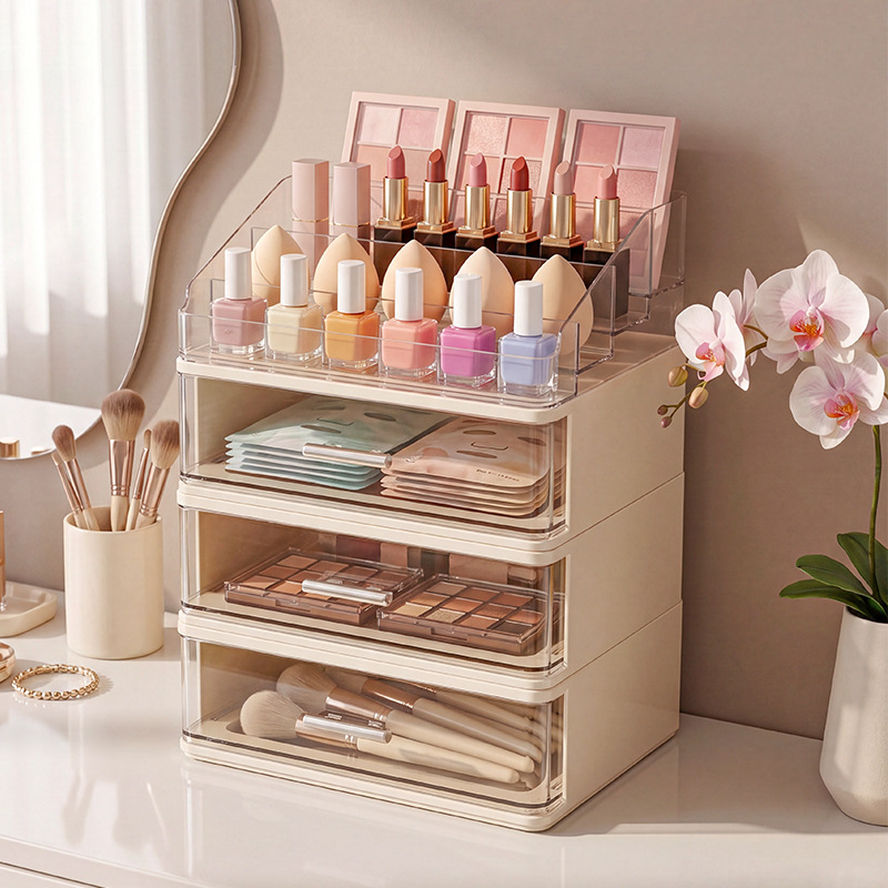 Caja de almacenamiento de cosméticos de escritorio de red, cajón de tocador a prueba de polvo, protección de la piel, lápiz labial, sombra de ojos, estante de gran capacidad