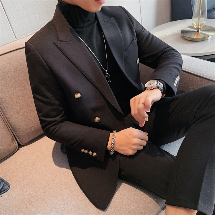 boy Boy 2024 Cross-Border Double-Breasted Business Suit Slim Fit Solid Color European And American Simple Men's Blazer Jacket_viptrois.com