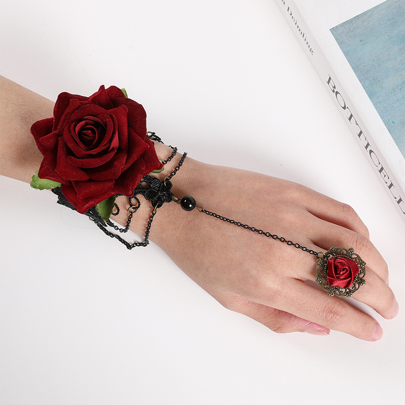 復古朋克宮廷風哥特少女Lolita蕾絲蝴蝶玫瑰花手鍊帶戒指一體鏈