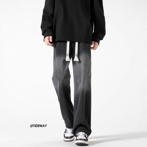 Spring and autumn new style American retro gradient color straight jeans teenagers loose wide-leg design jeans