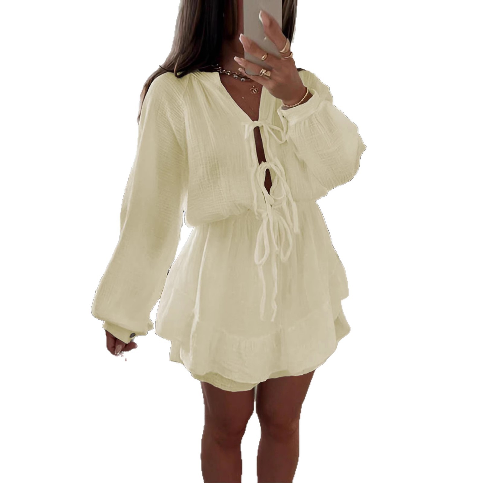 European And American Cross-border Women's Fashion Solid Color Tie-up Cardigan, Round-neck Lantern Sleeve_ecoleips.com