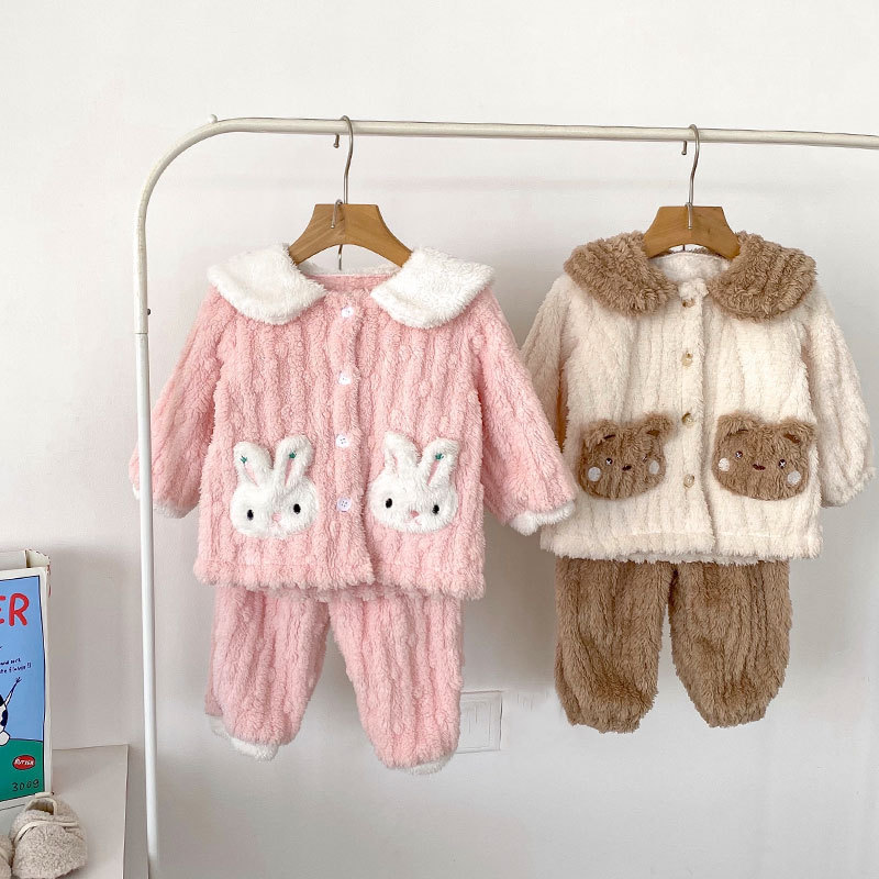 婴幼童加绒睡衣秋冬保暖男女孩粉色可爱小兔小熊北极绒家居服套装