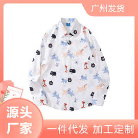 一件代发卡通猫咪印花长袖衬衫女宽松休闲百搭情侣学院风衬衣外套
