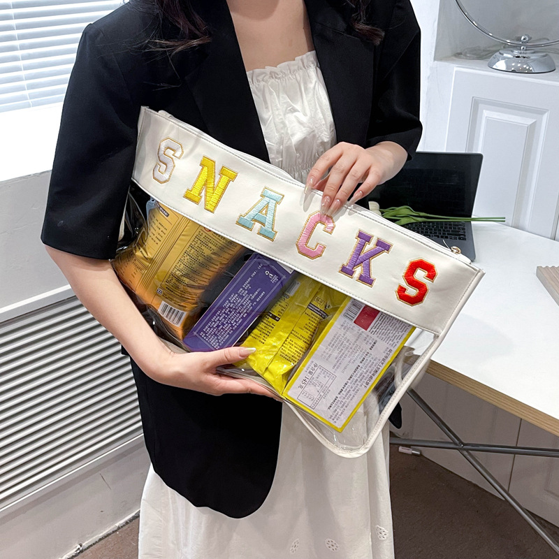 新款跨境大号纯色系零食包刺绣透明收纳包PU软皮质感大容量手提包