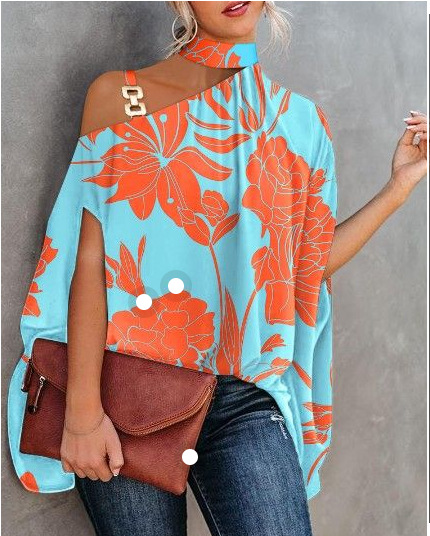 2022 estación independiente deseo Amazon popular verano Halter Batwing manga camisa impresa camisa de las mujeres ropa de mujer