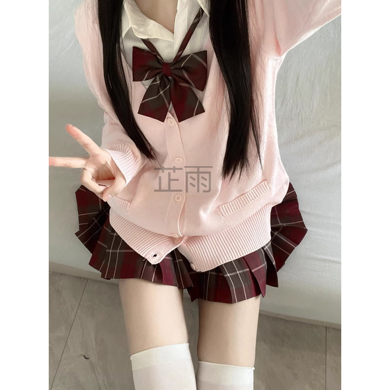 ZY 발렌타인 데이 JK 스웨터 가을, 겨울 정장 일본 카디건 그레이 핑크 체크 무늬 플리츠 스커트 JK 스웨터