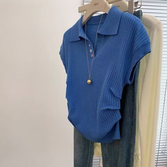 クラインブルーpolo襟ニット半袖tシャツ女性の短いデザイン感が身を修める