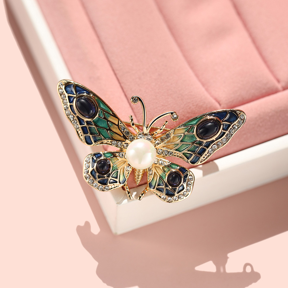 European and American enamel painted butterfly brooch, freshwater pearl opal pin, sweater chain dual use_voghion.com