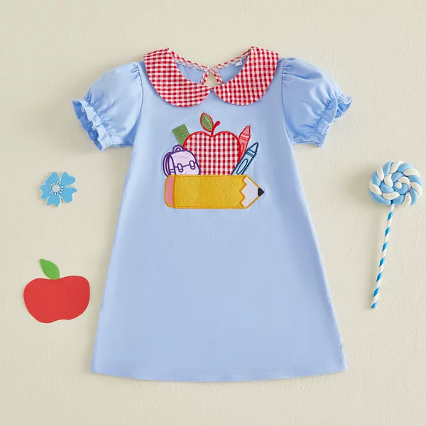 Back-To-School Season Stylish Girls' Dress with Apple Patch Embroidery, Cute Little Girl's Dress with Puff Sleeves and Doll Collar