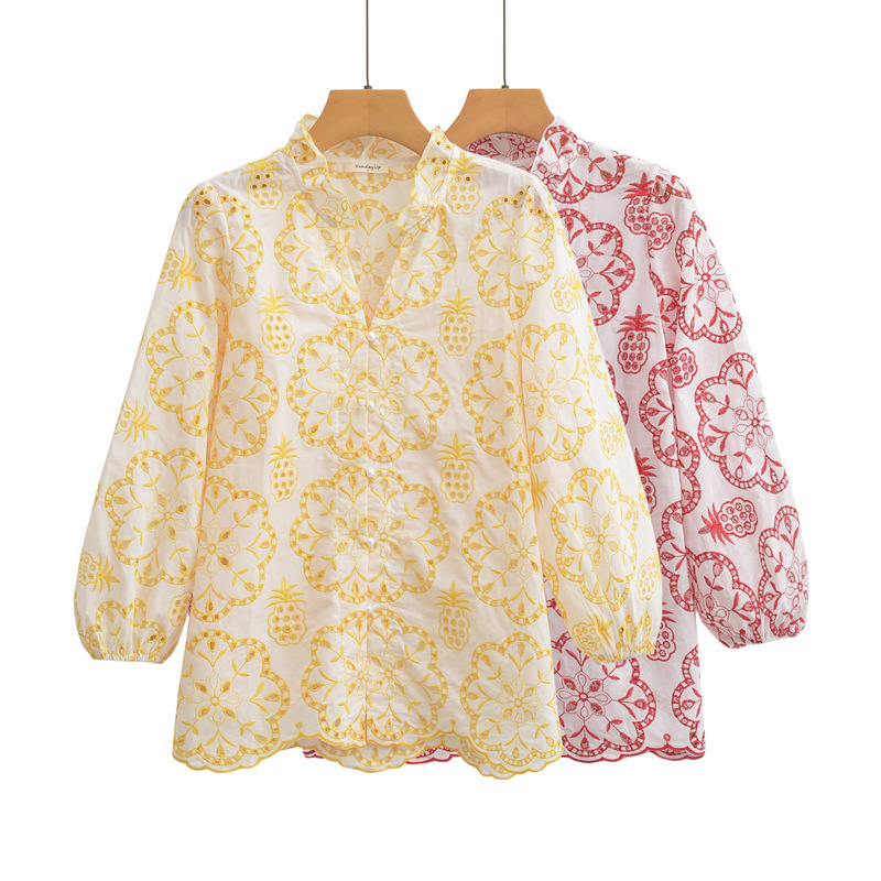 2025 Export Cross-Border Wholesale European and American Clothing Pineapple Embroidered Stand-Up Collar Shirt 23008