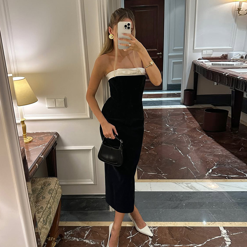 Ropa de mujer transfronteriza europea y americana 2025 primavera y verano nueva moda en blanco y negro costura sexy bolso delgado vestido superior de tubo de cadera