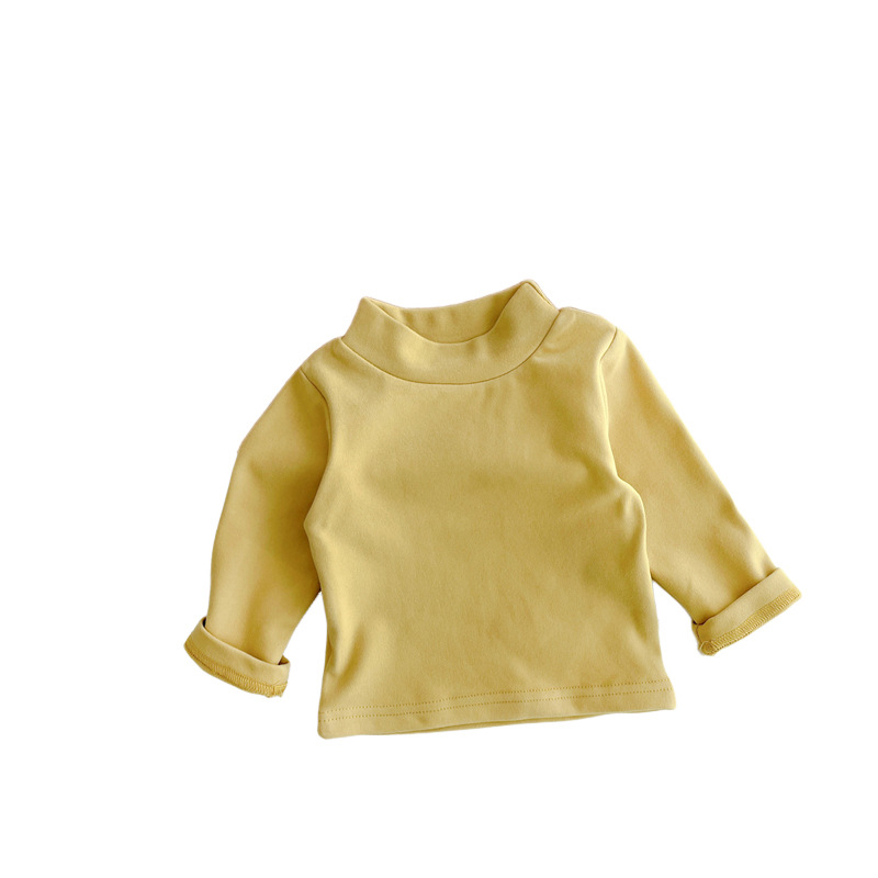 Camisa de fondo de terciopelo de color sólido para niños suave medio cuello alto primavera y otoño bebé básico niñas estiramiento casual top a juego