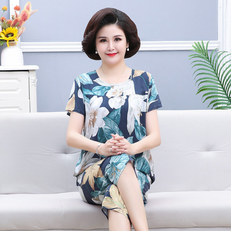 2025 Cotton Silk Women's Summer suit Mom's Artificial Cotton Home Clothes Two-piece Set Loose plus size suit