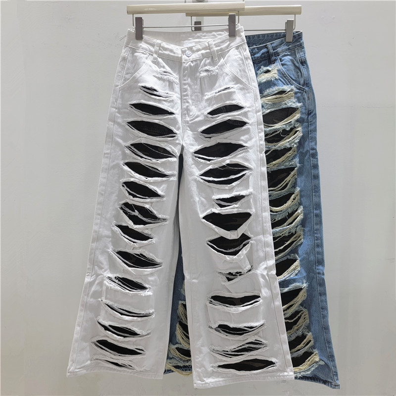 2026 Summer American Retro Washed Double-Layer Distressed Jeans for Women, Punk Style, Designer Floor-Length Pants