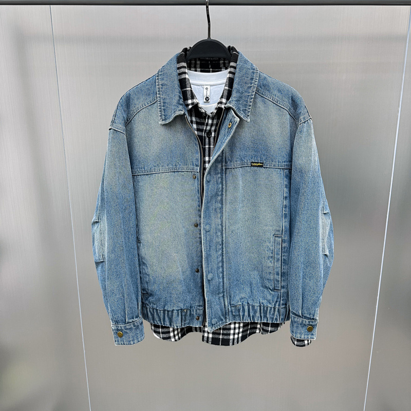 Herrenbekleidung neue Lederlabel-Jeansjacke Mode gewaschene Herren-Lockerjacke Reversmantel Trend_voghion.com