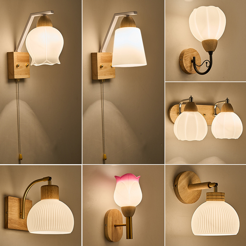 lámpara de pared madera nórdica simple madera sólida dormitorio lámpara de cabezal de cama interruptor de cable de tracción pasillo sala de estar lámpara de escalera