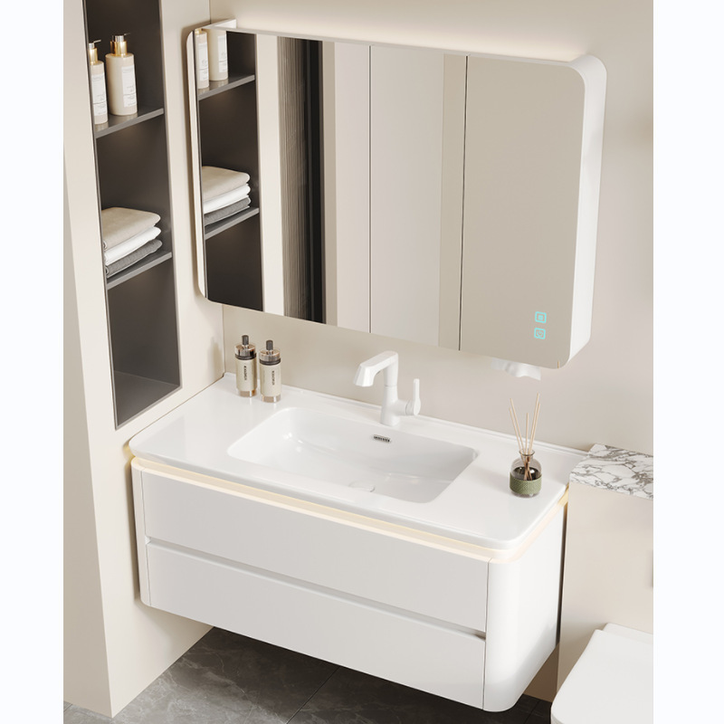 丸みを帯びた浴室キャビネット、セラミック一体型洗面台、洗面台トップ、トイレ洗面台、洗面台キャビネットセット、無垢材浴室キャビネット|undefined