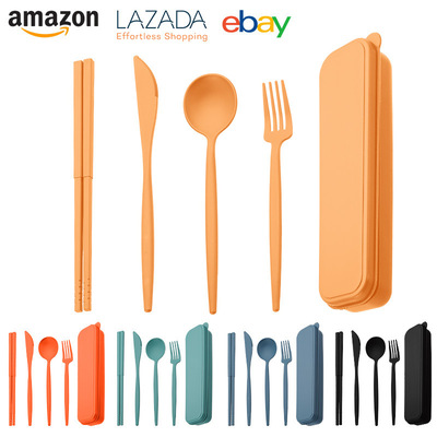 cross-border Amazon outdoors Camping portable Knife and fork Chopsticks set black Wheat Straw tableware Four piece suit