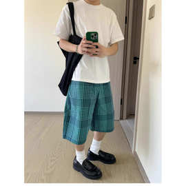 日系学院蓝格子短裤男宽松直筒夏季百搭休闲五分中裤ins韩版小众