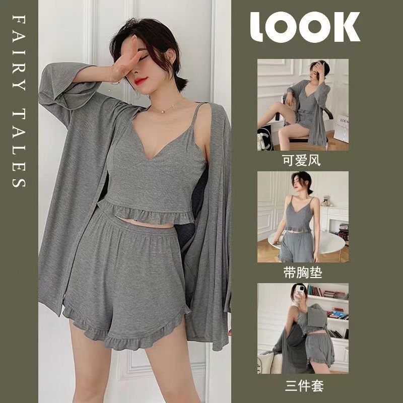 Three-Piece Set of Pajamas with Breast Pads for Women Spring and Summer K-Style Ins Pure Lust Style High-Looking Sexy Long-Sleeved Pants