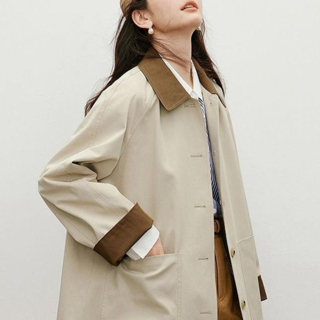 Japanese-Style Khaki Trench Coat 2025 Spring and Autumn New Women's Fashion Relaxed Slimming Color-Blocking Elegant Mid-Length Jacket