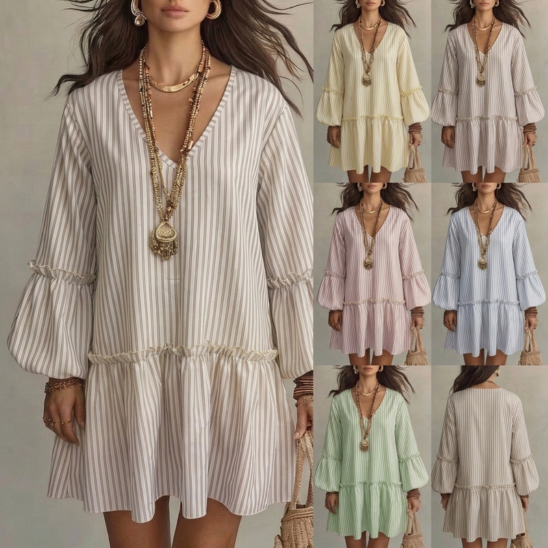 2026 Early Autumn New Women's Long-Sleeved Dress with Stripesd Print, V-Neck, Lantern Sleeves, Loose Short Skirt