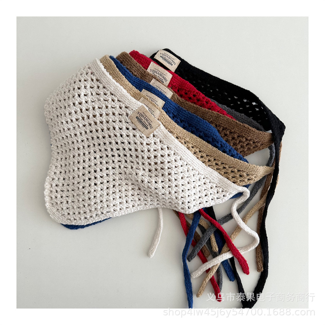 韩系复古镂空针织三角巾儿童洋气多用细带头巾装饰凹造韩标屁帘潮