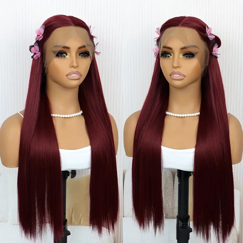 Ventas transfronterizas calientes frente al encaje pelucas de cabello largo recto de fibra química cubierta de cabello natural pelucas flojas fábrica al por mayor en stock