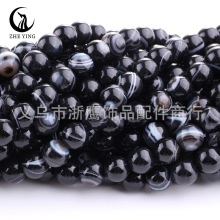 天然石圆珠高级10mm黑条纹玛瑙散珠子饰品串珠 best black agate