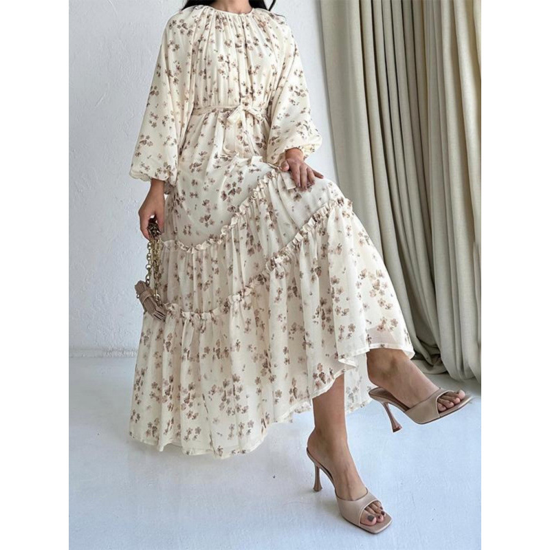 Cross-Border Puff-Sleeve Floral Mid-Length Dress, Women's Loose-Fitting, Figure-Flattering Multi-Layer Tie-Up Dress Cross-Border Puff-Sleeve Floral Mid-Length Dress, Women's Loose-Fitting, Figure-Flattering Multi-Layer Tie-Up Dress
