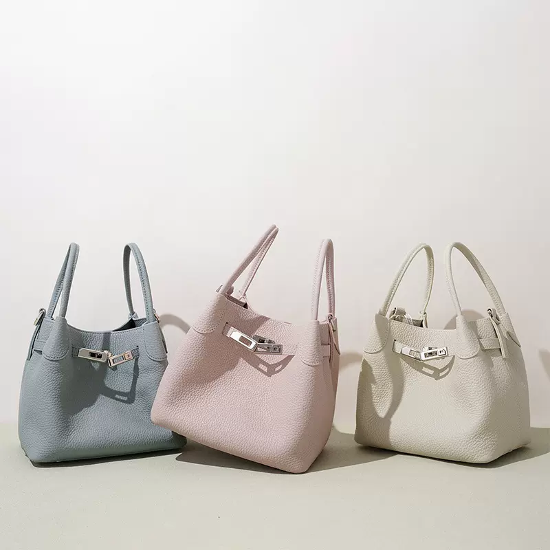 跨境高级感菜篮子包新款真皮斜挎水桶包女纯色轻奢时尚女士手提包